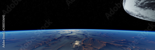 Fototapeta Naklejka Na Ścianę i Meble -  The Moon rises over planet Earth, panorama view