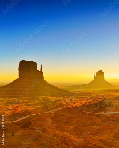 View of Monument Valley at sunrise near the border of Arizona and Utah in Navajo Nation Reservation in USA.