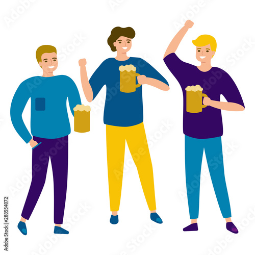 Group of male friends are holding beer mug. Beer festival Oktoberfest. Vector illustrtion cartoon style
