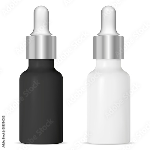 Serum dropper bottle. Black, white cosmetic vial. Eyedropper medicine treatment mock up. Natural essential oil plastic container. Silver cap pot with pipette for collagen liquid