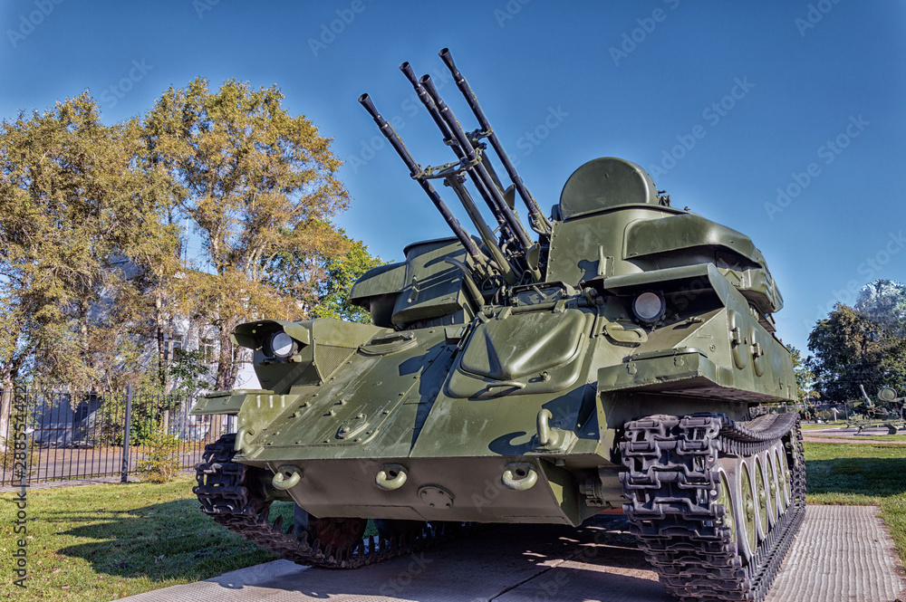 Military equipment of the Russian army of the last century.It is in the park of a small town.