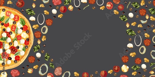 Tasty wholesome food. Real hot pizza. Vector