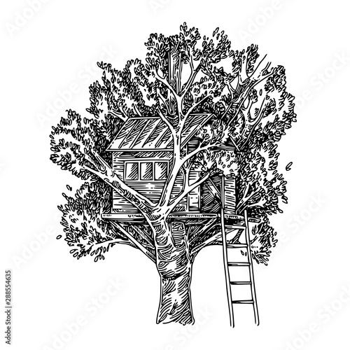 Tree house with stair. Sketch. Engraving style. Vector illustration.