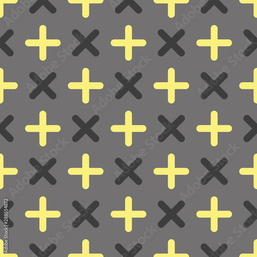 Vector plus seamless geometric pattern in grey and gold. Simple shape made into repeat. Great for background, wallpaper, wrapping paper, packaging, fashion.