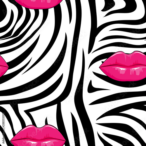 Zebra seamless pattern in abstract style with hot pink lips on black and white,Vector illustration seamless swatch in the swatches panel for wrapping paper, textile, fabric, wallpaper and cloths