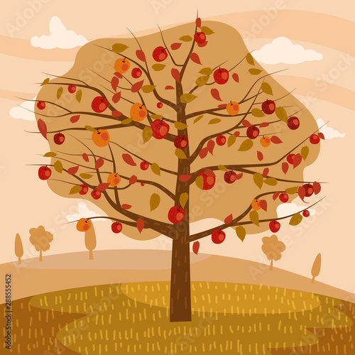 Autumn apple tree landscape fruit harvest season in trend style flat cartoon panorama horizon