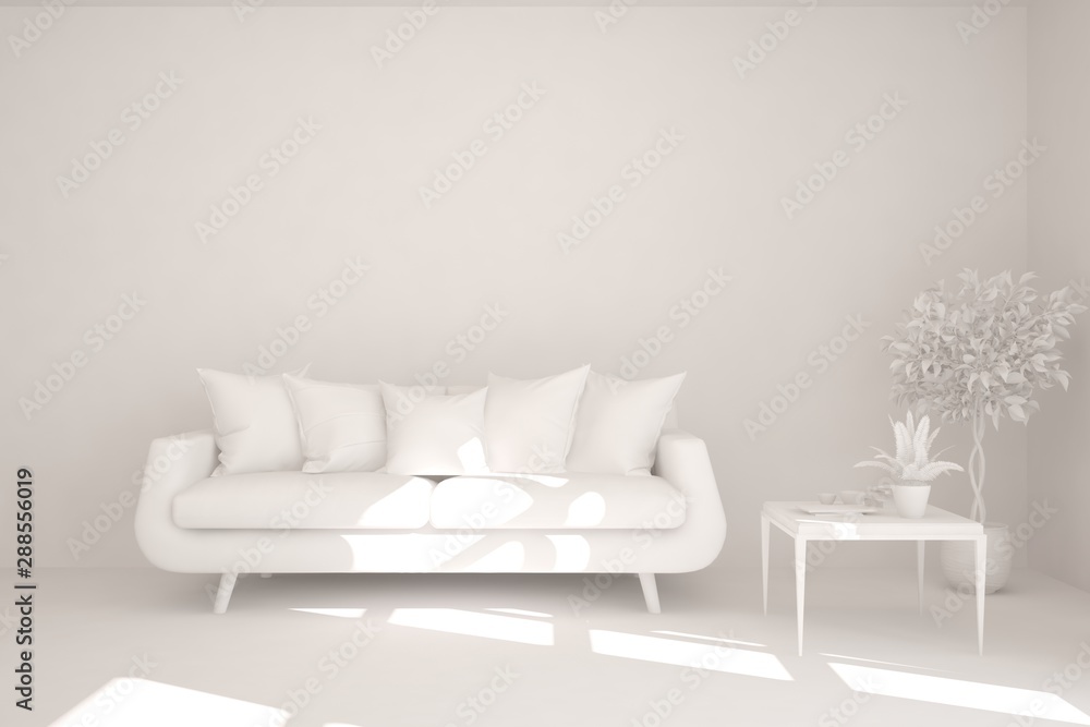 Mock up of stylish room in white color with sofa. Scandinavian interior design. 3D illustration Mock up of stylish room in white color with sofa. Scandinavian interior design. 3D illustration