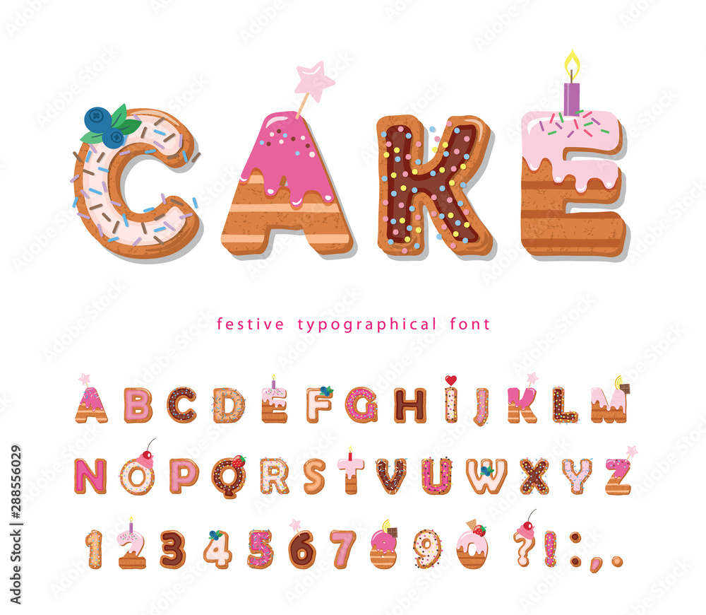 Cake cartoon font. Cute sweet letters and numbers for birthday card, baby  shower, Valentines day, sweets shop, girls magazine, collages. Isolated.  Stock Vector