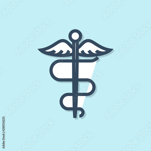 Blue line Caduceus snake medical symbol icon isolated on blue background. Medicine and health care. Emblem for drugstore or medicine, pharmacy. Vector Illustration