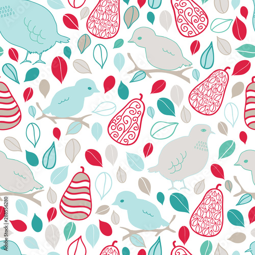 Partridge and Pears Christmas vector seamless pattern. Fun holiday pattern with birds, pears and leaves.