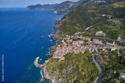 Panorama view of Corniglia village one of Cinque Terre in La Spezia, Italy. Flight by a drone.