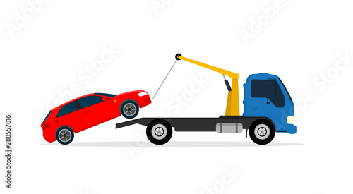 Vector illustration roadside assistance. Tow truck towing the car.