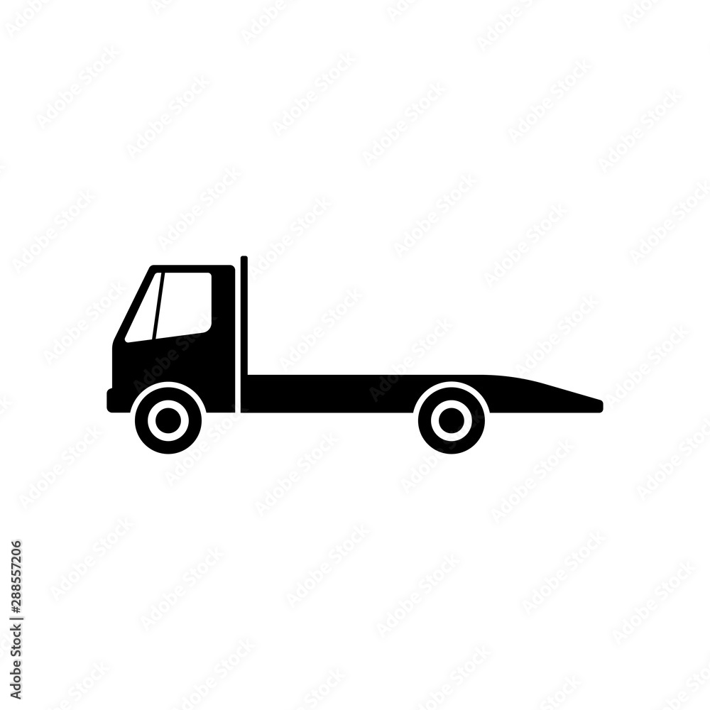 Tow truck icon. Black silhouette. Side view. Vector drawing. Isolated object on a white background. Isolate. Tow truck icon. Black silhouette. Side view. Vector drawing. Isolated object on a white background. Isolate.