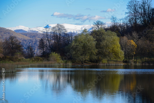 Beautiful landscape with Tsover lake and arrounded mountains and trees, Armenia