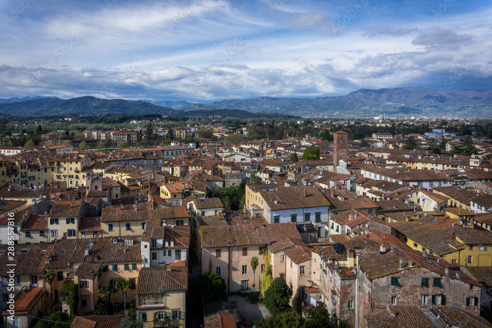 Landscape showing an aerial view of the italian city Lucca