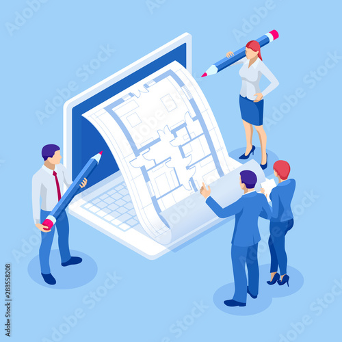 Isometri architect drawing on architectural project concept. Architects workplace - architectural project, blueprints, ruler, laptop and divider compass.