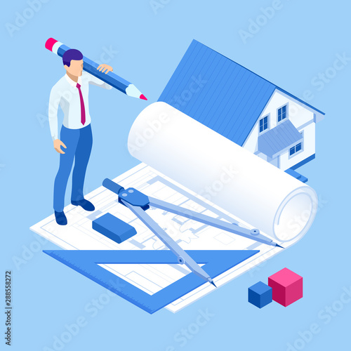Isometri architect drawing on architectural project concept. Architects workplace - architectural project, blueprints, ruler, laptop and divider compass.