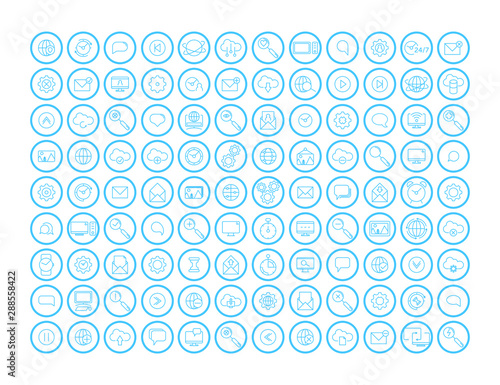 Communication icons set. Universal communication icon to use in web and mobile UI, communication basic UI elements set. cloud, clock, gear, mail, picture, web, internet, footnote, search, computer.