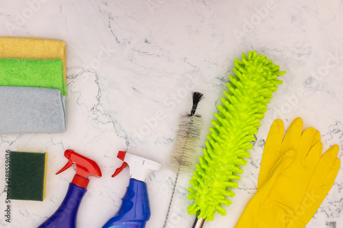 Cleaning stuff and products for cleaning house on the table 