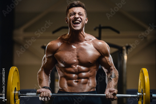 Handsome strong athletic men pumping up biceps muscles workout fitness and bodybuilding concept background - muscular bodybuilder fitness men doing arms exercises in gym naked torso.