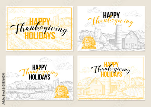 Happy thanksgiving greeting card templates set. Traditional autumn season holidays congratulation, festive postcards vector layouts. Rural landscape hand drawn monochrome illustrations with lettering