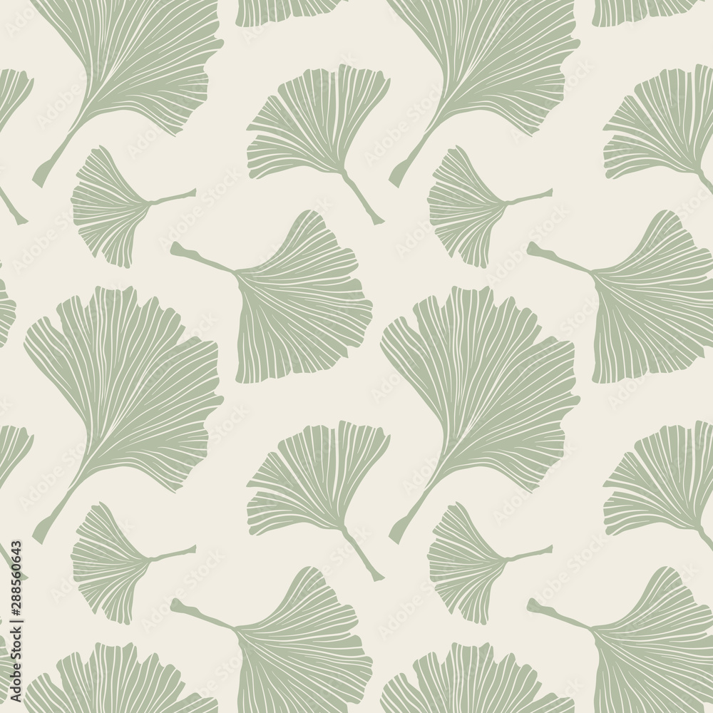 Ginkgo Biloba Botany Plant, Line art Pale Sage Colored Leaves on Ivory Background. Health Monochrome Pattern. Ayurvedic Medicine Theme. Vector Illustration for Wallpaper or Textile Design