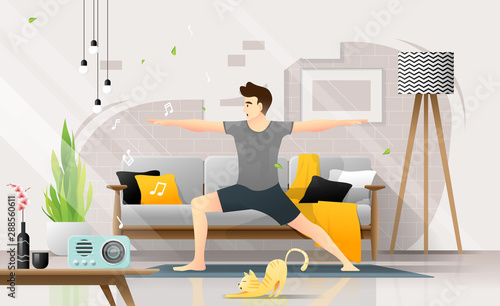Happy young man practicing yoga in living room, relaxing weekend at home ,vector , illustration