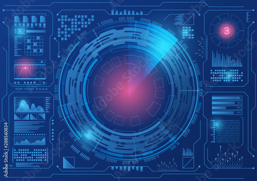 Sci fi hologram control panel dashboard in HUD style. Abstract virtual graphic. Vector illustration. Radar screen futuristic user interface touch screen.