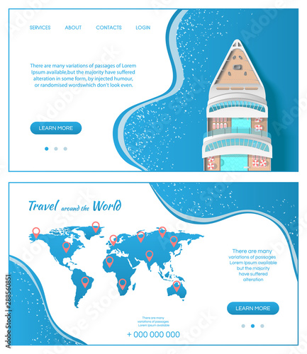 Cruise ship around the world. Travel and Tourism concept. Business card template. Vector banner illustration.