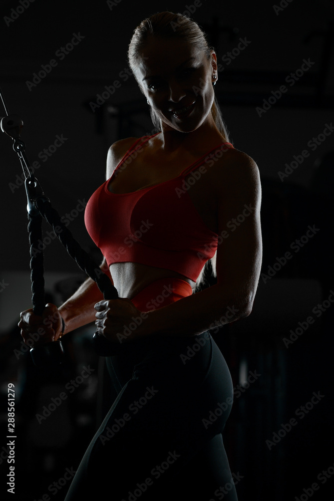 pretty caucasian fitness woman pumping up muscles workout fitness and bodybuilding concept gym.