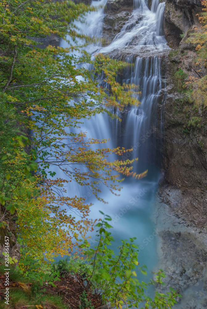 waterfall in forest. National Park of Ordesa y Monte Perdido  - obrazy, fototapety, plakaty 
