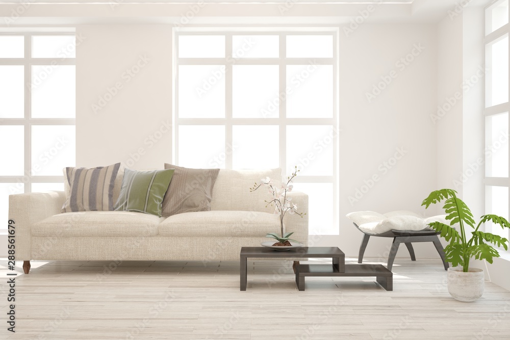 Fototapeta premium Stylish room in white color with sofa. Scandinavian interior design. 3D illustration