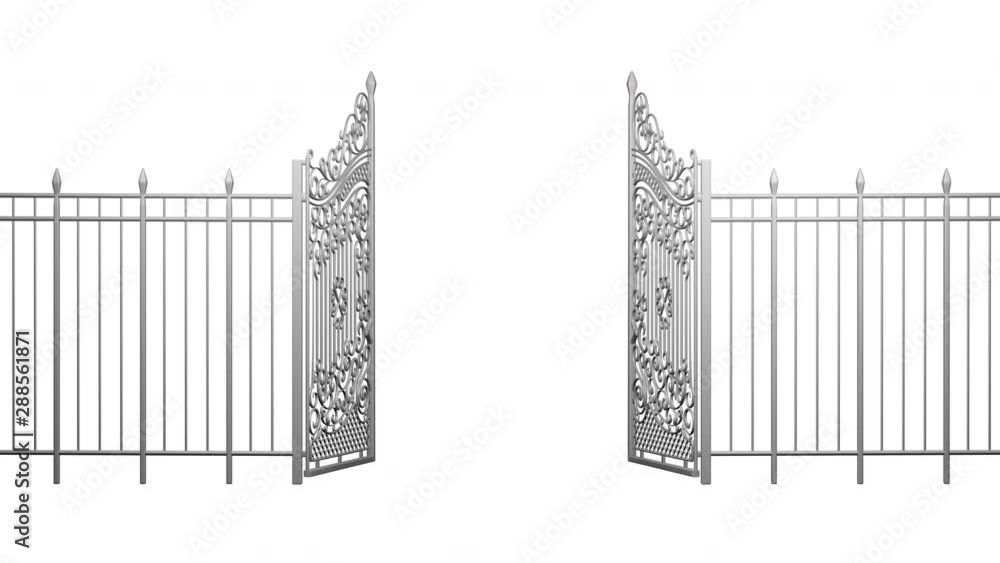 3d animation of opening and closing gates. Fence. Monochrome. Isolated 3d animation of opening and closing gates. Fence. Monochrome. Isolated
