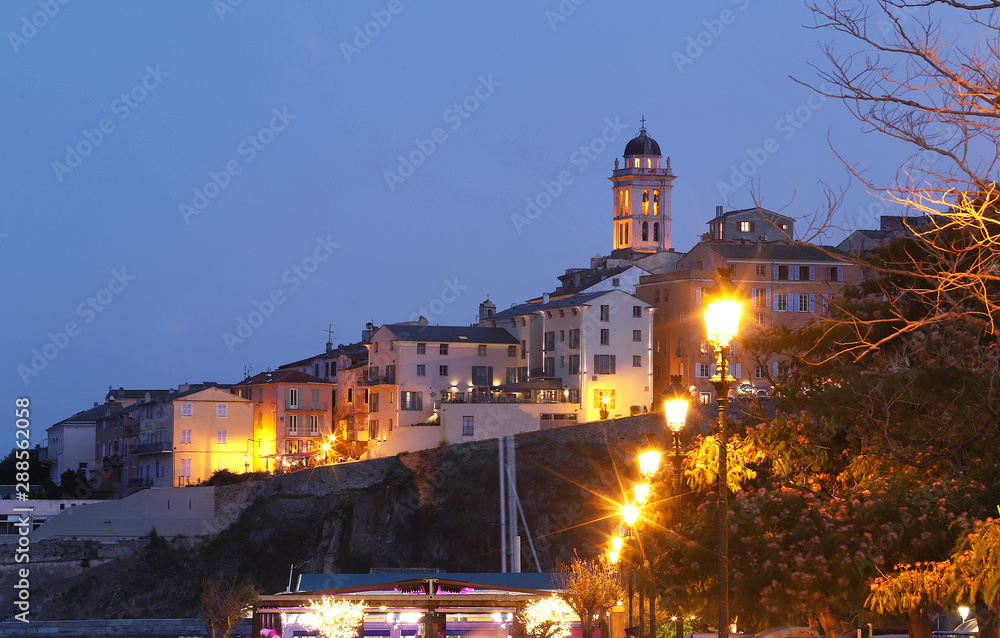 Night view to Bastia old city center . Bastia is second biggest town on Corsica, France, Europe.