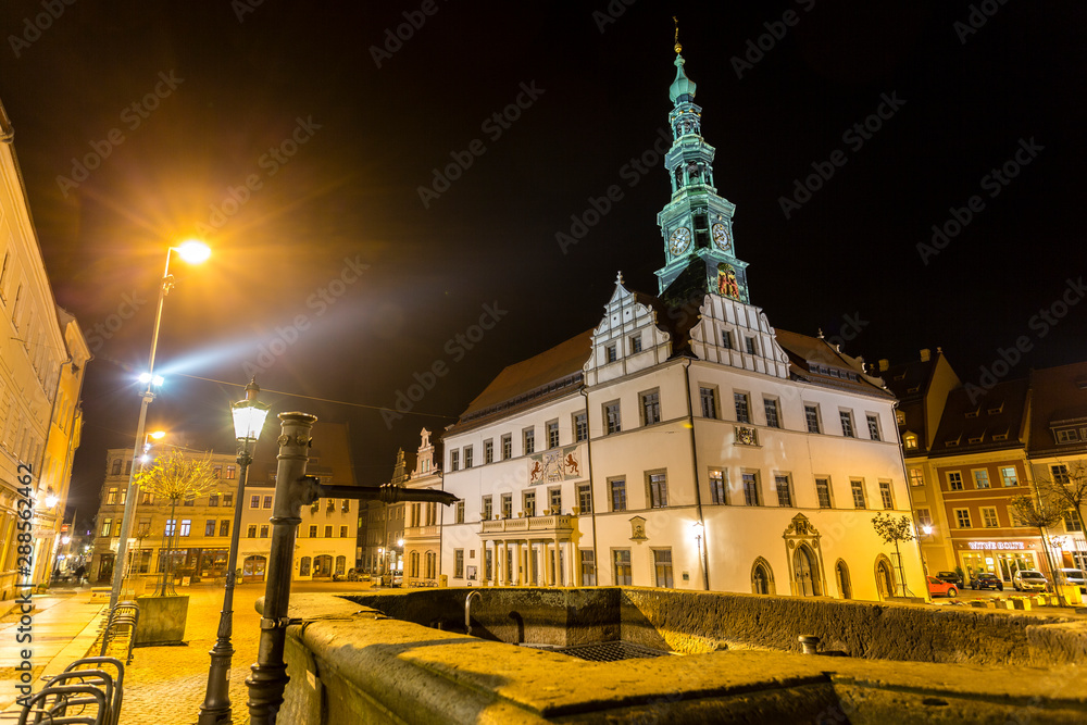 illuminated Town Hall of Pirna, Central Placa at Night, Saxony