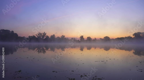 Sunrise At Foggy River In Summer