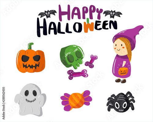 Happy Halloween design elements. Halloween design elements with hand drawing  - Child wizard Costume, pumpkin, ghost, bat, skull, spider and candy . Vector illustration