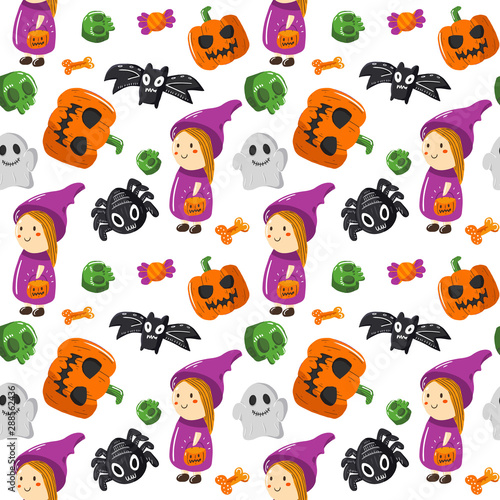 Halloween holiday seamless pattern white background with hand drawing elements - Child wizard Costume, pumpkin, ghost, bat, skull, spider and candy . Vector illustration