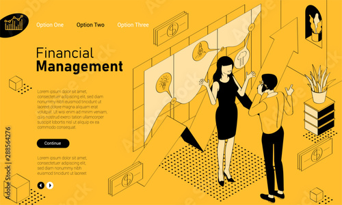 Financial consultations mobile app isometric website template. Black and yellow flat design vector concept for web site and application design and presentation. Home page concept. UI design mockup.