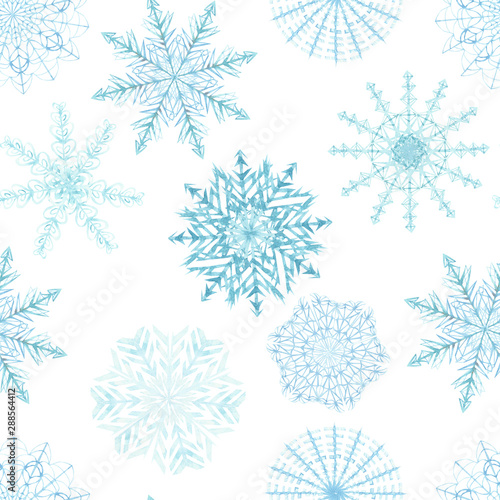 Watercolor hand painted winter nature frozen diagonal seamless pattern with blue different snowflakes isolated on the white background, christmas celebration composition for textile, wallpapers