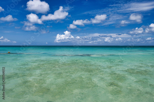 Crystal clear waters and pinkish sands on empty seven mile beach on tropical carribean Grand Cayman Island © Jorge Moro