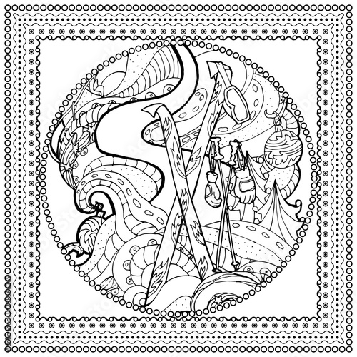 Black vector mono color illustration for Merry Christmas and Happy New Year 2016 print design. Coloring book page design for adults or kids. Vector template.Ornamental border and frame