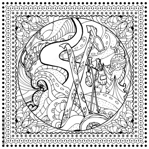 Black vector mono color illustration for Ski, Winter Sport print design. Coloring book page design for adults or kids. Vector template.Ornamental border and frame