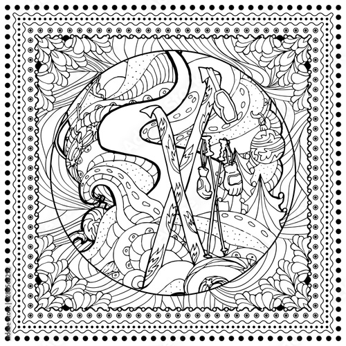 Black vector mono color illustration for Ski, Winter Sport print design. Coloring book page design for adults or kids. Vector template.Ornamental border and frame