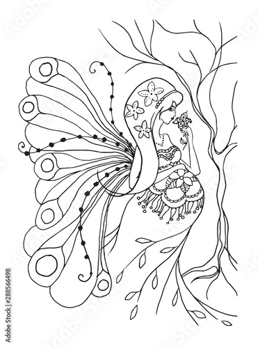 Adult coloring book page with Pregnant lady.Pregnancy in zentangle style art.Black and white