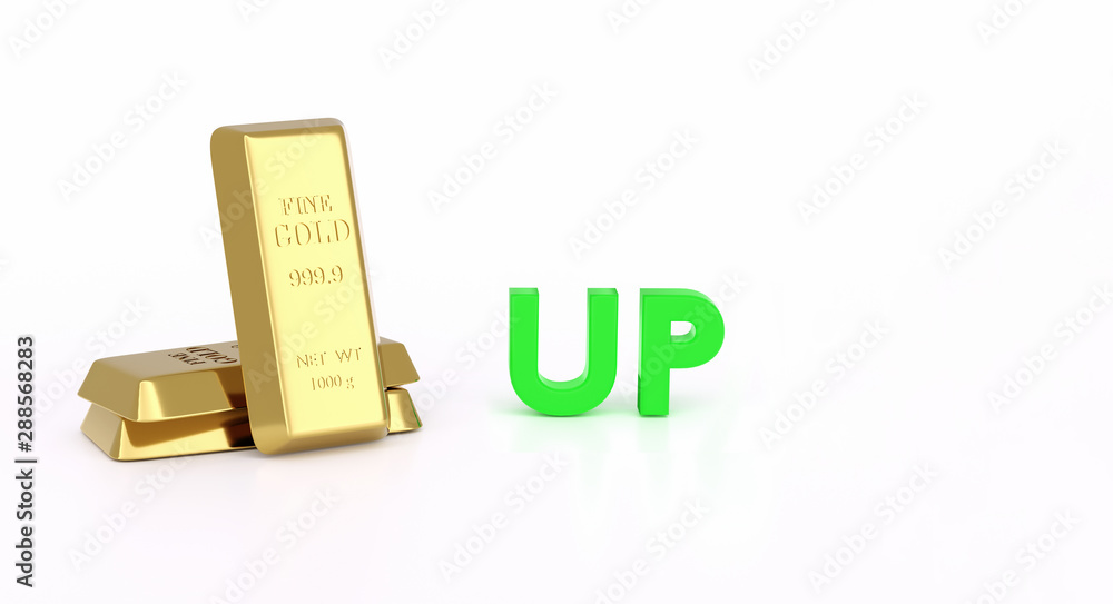 gold price rise, price up. 3 gold bars in the left with the green word on righter side UP. isolated on white background. 3d illustration