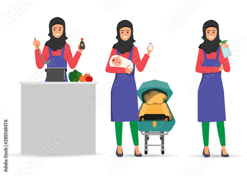 Muslim or Arab woman in housewife character and mother. Maid house routine.
