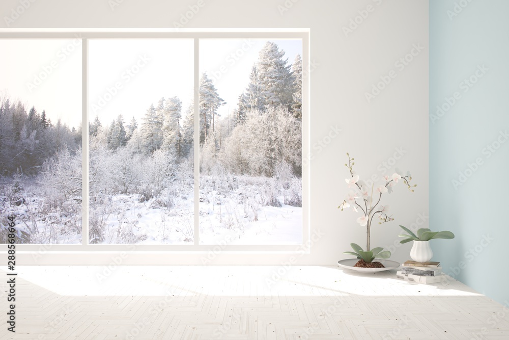 Mock up of empty room in white color with winter landscape in window. Scandinavian interior design. 3D illustration - obrazy, fototapety, plakaty 
