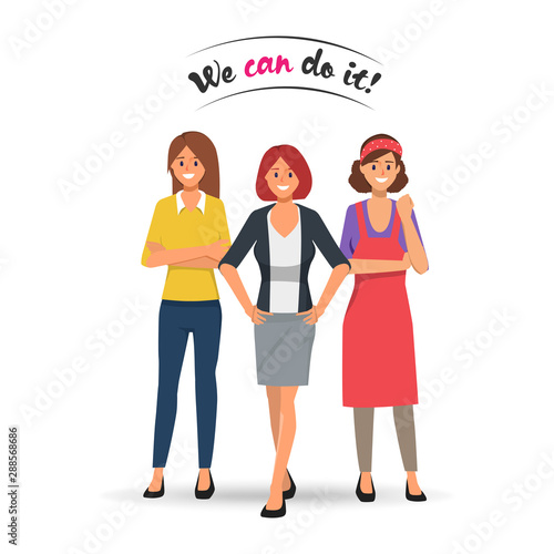 Women character group pose for stronger power and perfect job teamwork.