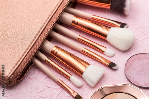 Cosmetics and brushes for professional makeup, beautiful accessories for makeup artists and stylists, thin and fluffy brushes for applying makeup